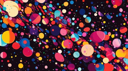 Poster - colorful, rounded shapes scattered randomly across a dark background, creating a vibrant, cosmic design.