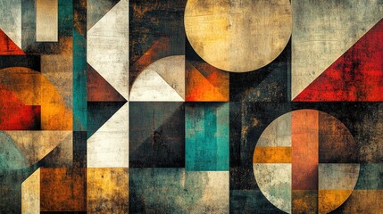 Poster - geometric shapes including circles, triangles, and squares, arranged harmoniously in a balanced, abs