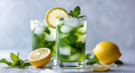 Wall Mural - Refreshing Mojito Cocktail with Soda, Fresh Mint, and Lemon Slices Over Ice on a Light Background for Summer Enjoyment and Refreshment.