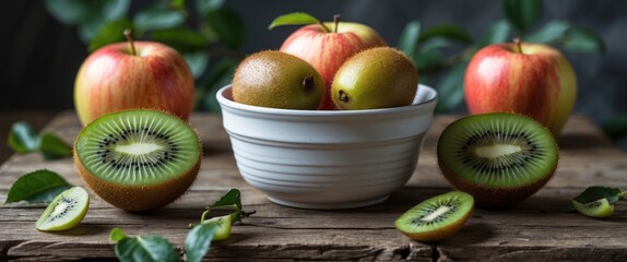 Wall Mural - Freshly Sliced Kiwi and Crisp Apples in a White Bowl Surrounded by Green Leaves on a Rustic Wooden Table