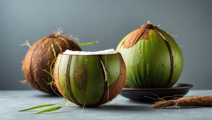 Canvas Print - Fresh Green Coconuts with Exposed Meat and Texture on Table Setting Against Elegant Gray Background