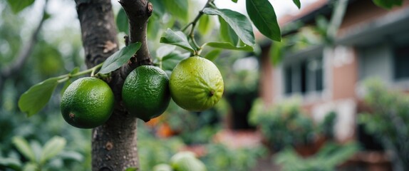 Wall Mural - Fresh Green Limes Growing on a Tree in a Lush Garden with Blurred Background and Space for Text