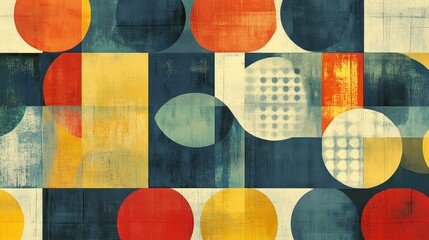 Poster - circles and squares overlapping, with each shape filled with a different pattern, creating a playful, abstract composition
