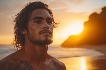 Wall Mural - Male portrait at sunset on a beach with bright colors and waves in the background captured during golden hour