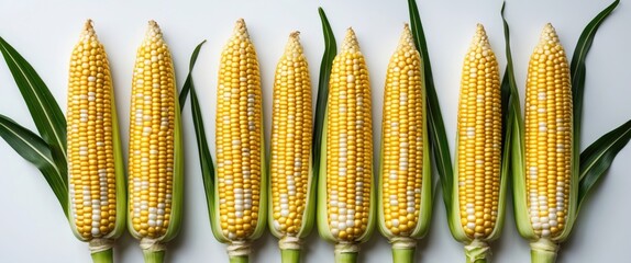 Wall Mural - Fresh Organic Sweet Corn Ears With Green Leaves Isolated On Light Background Capturing Natural Texture And Vibrant Colorfulness