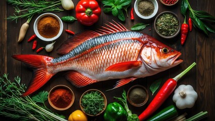 Wall Mural - Fresh Red Snapper Surrounded By Colorful Spices Herbs And Vegetables On Wooden Table Top View Vertical Composition For Cooking Preparation