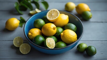 Poster - fresh lemons and limes in a blue bowl on gray wooden table with soft focus and blank space for text 