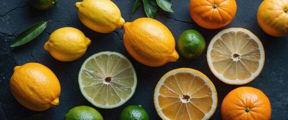 Wall Mural - Bright Fresh Citrus Fruits Including Lemons, Limes And Oranges Displayed On Dark Stone Background With Room For Text or Design Elements