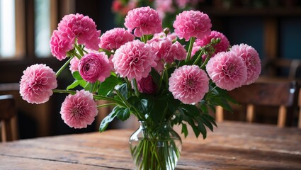 Poster - Vibrant bouquet of pink flowers in a glass vase on a rustic wooden table creating a cheerful and inviting atmosphere in floral decor.