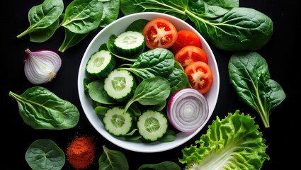 Wall Mural - Colorful Fresh Vegetable Salad Featuring Cucumber, Tomato, Spinach, Lettuce, and Onion on a Black Background Top View.