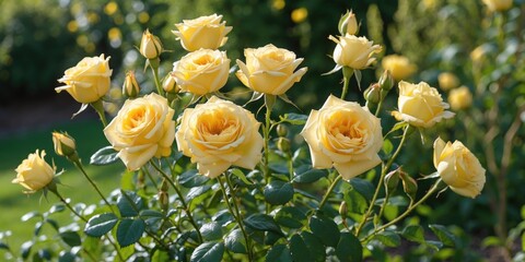 Sticker - Yellow Roses Blooming in Lush Green Garden with Natural Light and Ample Space for Text Insertions