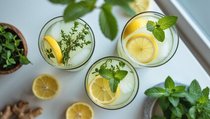 Sticker - Refreshing thyme and ginger lemonade with lemon slices and mint leaves served in glasses on a light table with fresh ingredients and empty space.