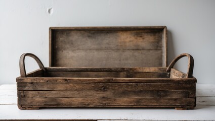 Poster - vintage wooden basket tray with handles on white background for functional or decorative use with co