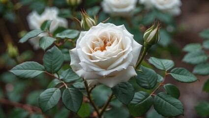 Poster - elegant white rose blooming amidst lush green leaves showcasing nature's beauty in a serene garden s