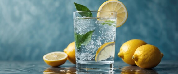 Wall Mural - Refreshing Cold Lemon Water in a Glass with Mint and Whole Lemons on a Blue Background and Space for Text or Branding