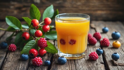 Poster - Refreshing Sea Buckthorn Juice Served in a Glass Surrounded by Fresh Berries on a Rustic Wooden Table Perfect for Healthy Lifestyle Promotion