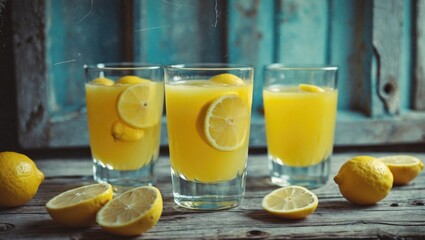 Sticker - Refreshing Lemon Juice Glasses with Slices on Rustic Wooden Table Surrounded by Fresh Lemons and Vintage Background