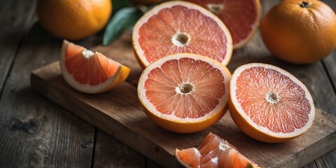 Wall Mural - Fresh Grapefruit and Slices on Wooden Table with Empty Space for Text in Natural Light Setting