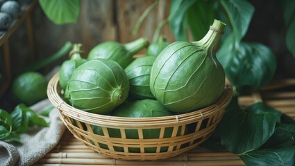 Wall Mural - Fresh Green Chayote Basket Surrounded By Foliage Ideal For Cooking With Text Space For Healthy Eating Promotion