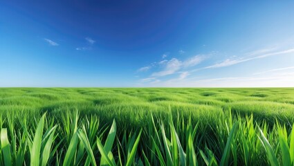 Poster - Lush Green Grass Field Under Clear Blue Sky in Bright Summer Day