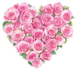 Canvas Print - PNG A heart-shaped arrangement of pink rose roses illustration watercolor.