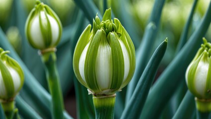 Wall Mural - Vibrant Close-Up of Green Onion Flower Buds Emerging with Fresh Green Leaves in a Garden Setting