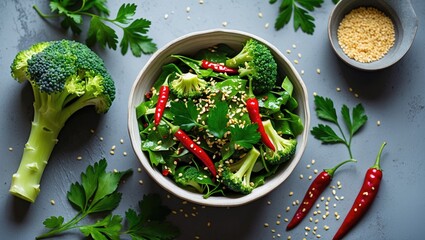 Wall Mural - Fresh Green Salad with Broccoli Parsley Chili Pepper and Sesame Seeds Healthy Ingredients with Copy Space for Nutritional Promotion