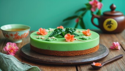 Poster - Delicious Green Tea Cake Decorated with Edible Flowers on Wooden Table with Colorful Background and Empty Space for Text