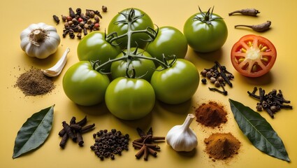 Wall Mural - Green Tomatoes and Assorted Spices on Yellow Background with Empty Copy Space for Text Featuring Garlic, Cloves, Bay Leaves and More