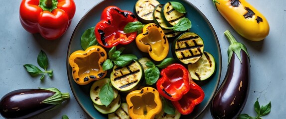 Wall Mural - Grilled Colorful Bell Peppers Zucchini and Eggplant on a Plate with Fresh Basil Over Light Background Top View Design Element