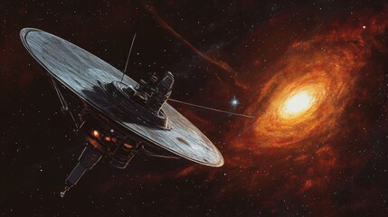 Poster - a deep-space research facility where scientists analyze data from an interstellar probe exploring th