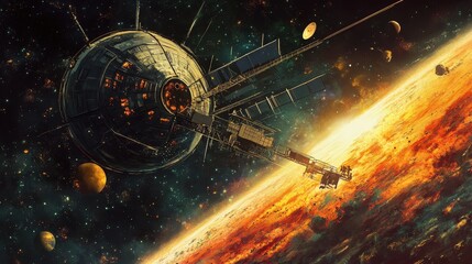 Poster - a deep-space research facility where scientists analyze data from an interstellar probe exploring th