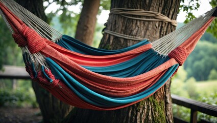Poster - colorful hammock suspended between trees in a relaxing outdoor setting