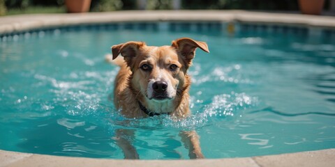 Poster - Dog Swimming in Crystal Clear Pool with Bright Sunlight and Copy Space for Text Overlay