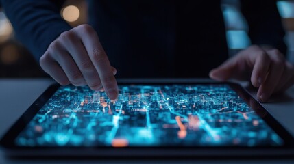Poster - A person interacts with a digital map on a tablet, showcasing vibrant data visualizations and a focus on technology.