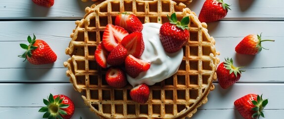 Wall Mural - Vegan Waffles Topped with Fresh Strawberries and Yogurt on White Wooden Surface Delicious Healthy Breakfast Flat Lay with Copy Space