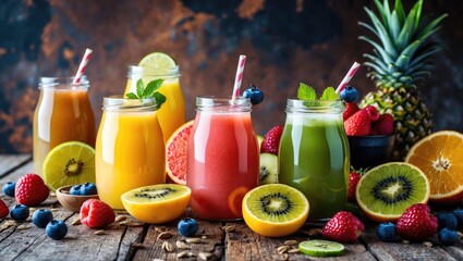 Poster - Colorful Assortment of Healthy Fresh Fruit Juices on Rustic Wooden Table with Empty Copy Space for Text