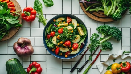 Sticker - Vibrant Vegetarian Salad Bowl Surrounded By Fresh Vegetables On Tiled Surface With Space For Text In Wellness And Healthy Eating Concepts