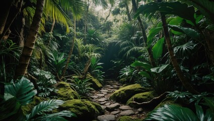 Wall Mural - Lush Tropical Jungle Pathway with Dense Green Foliage and Soft Natural Light for Text Overlay and Inspiration