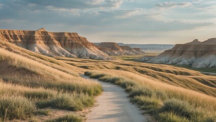 Poster - Scenic Pathway Through Badlands Hills Surrounded By Golden Grass And Open Sky Perfect For Text Overlay