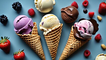 Wall Mural - Colorful Waffle Cones Filled with Homemade Berry Vanilla Chocolate Ice Cream Surrounded by Fresh Berries on a Light Blue Background