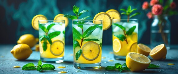 Wall Mural - Refreshing Lemonade with Fresh Mint and Slices Served in Clear Glasses on a Blue Background with Lemon Halves and Empty Space for Text