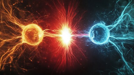 Poster - electromagnetic force, illustrating the interaction between positive and negative charges, showing the fundamental force of electricity and magnetism.