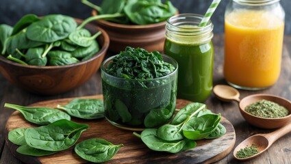 Poster - Fresh Spinach Leaves and Detox Juices in Glasses with Empty Space for Healthy Lifestyle Text and Recipes