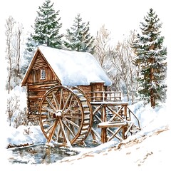 Wall Mural - Watercolor Painting of a Snow-Covered Wooden Watermill in a Winter Forest.