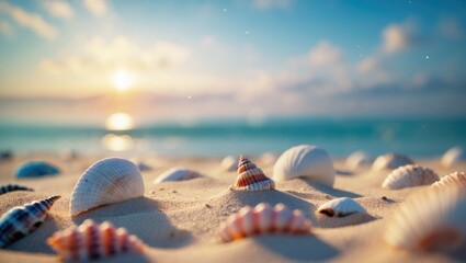 Poster - coastal summer scene with seashells on sandy beach and blurred ocean horizon ideal for promotional t