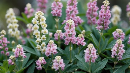 Poster - Colorful flowering plants with white and pink blossoms in a garden setting showcasing medicinal herbs and empty space for text above foliage.