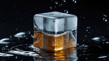 Poster - Transparent Ice Cube Melting in Brown Liquid Surrounded by Water Droplets on Dark Background