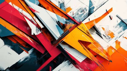 Poster - A dynamic composition of sharp triangles and rectangles layered over each other, creating an edgy, energetic design with contrasting colors