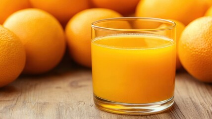 Wall Mural - A refreshing glass of orange juice sits in front of bright oranges, showcasing vibrant colors and healthy hydration.